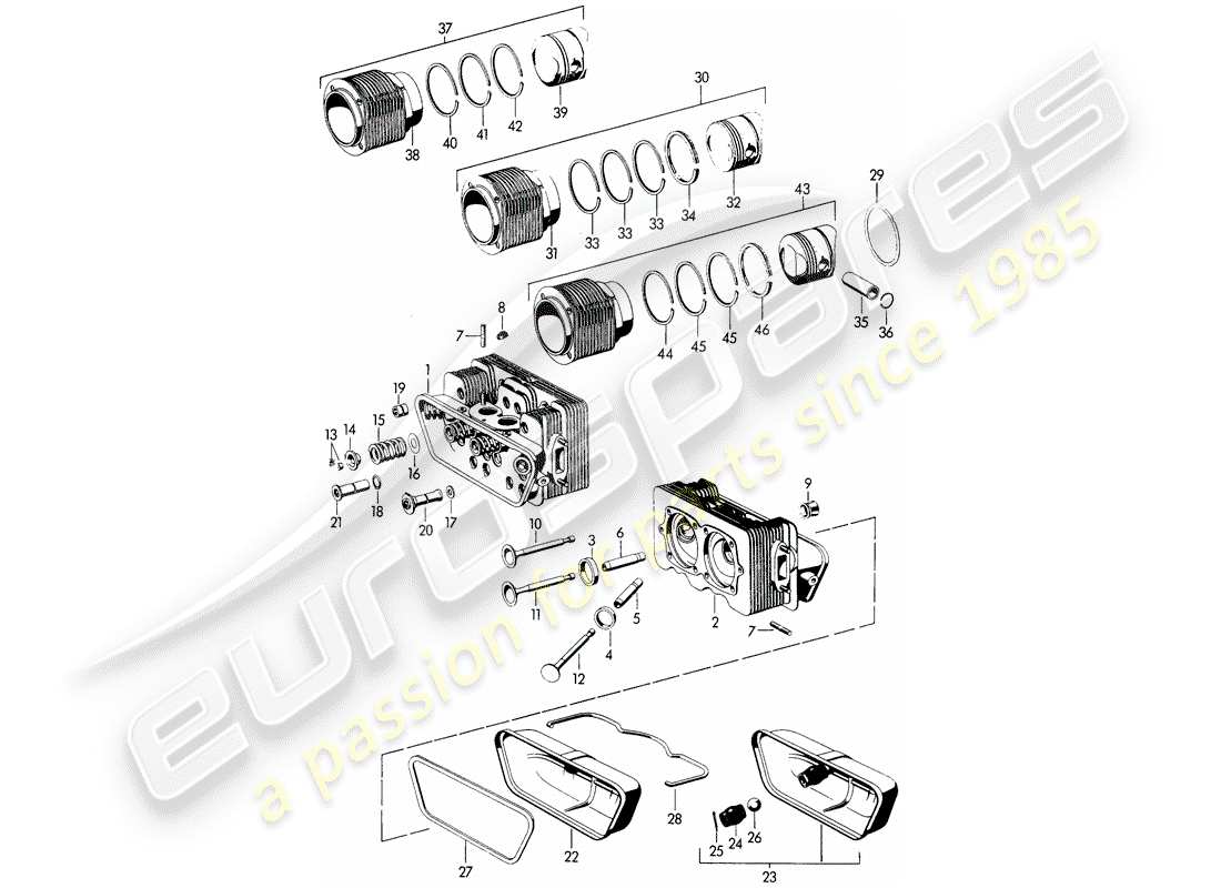 porsche 356b/356c (1961) cylinder head - cylinder with pistons part diagram