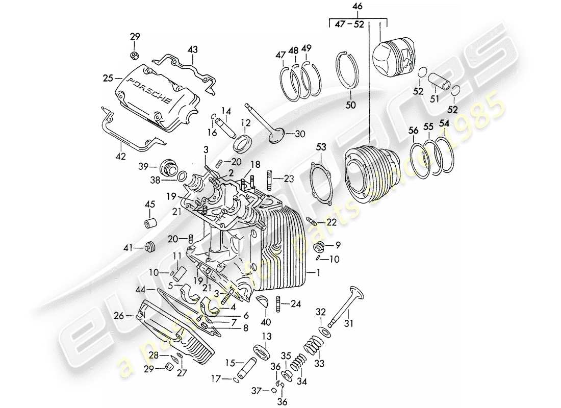 porsche 356b/356c (1961) cylinder head - cylinder with pistons part diagram