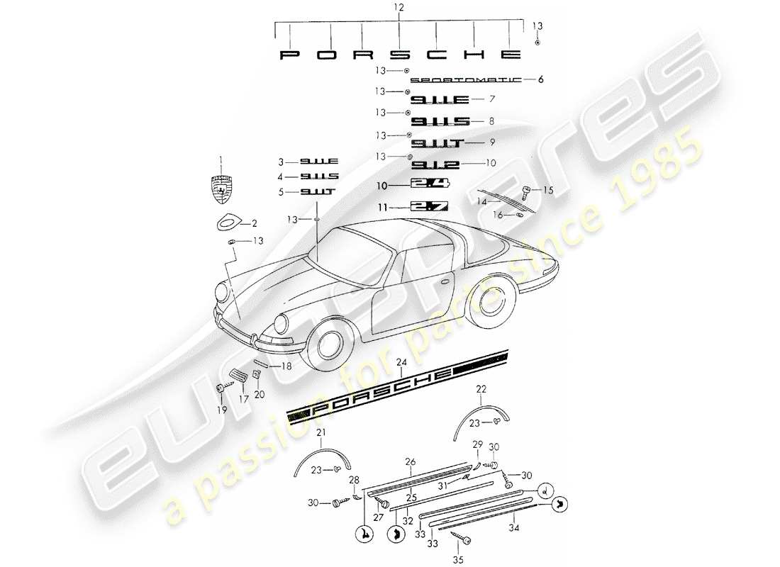 porsche 911 (1971) decorative fittings part diagram