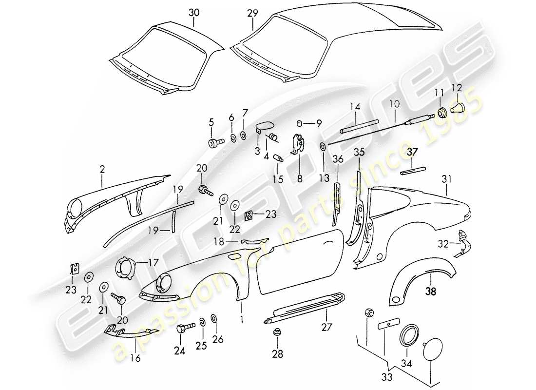 porsche 911 (1971) exterior panelling part diagram