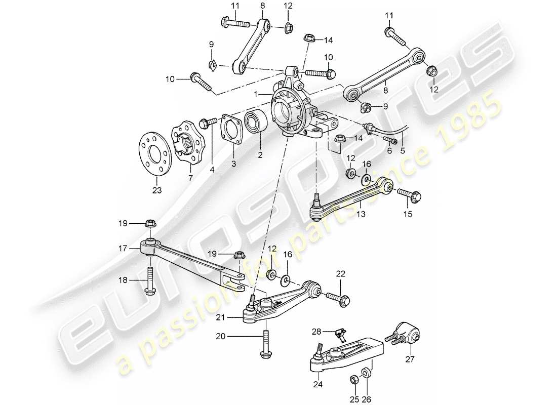 porsche 996 gt3 (2005) rear axle - wheel carrier - upper link - wheel hub part diagram