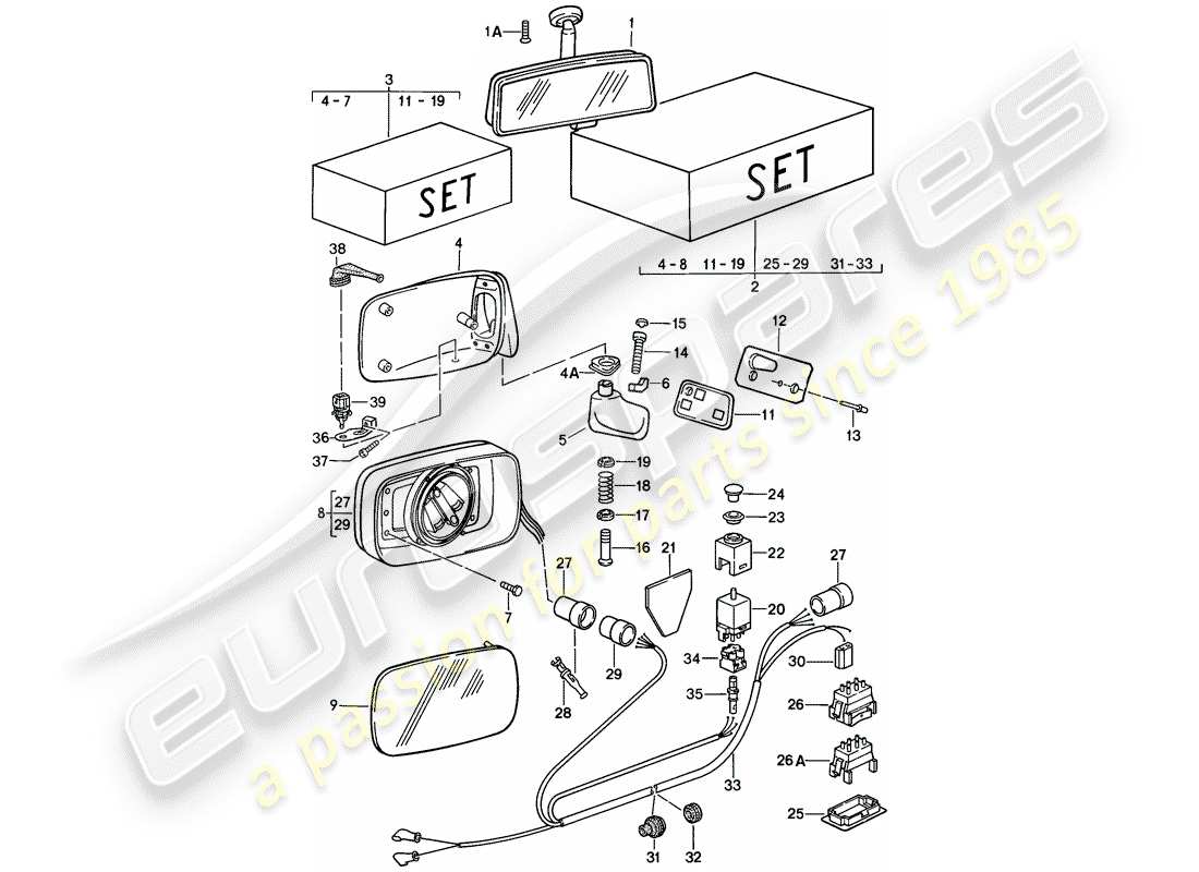 porsche 911 (1987) rear view mirror inner - rear view mirror part diagram