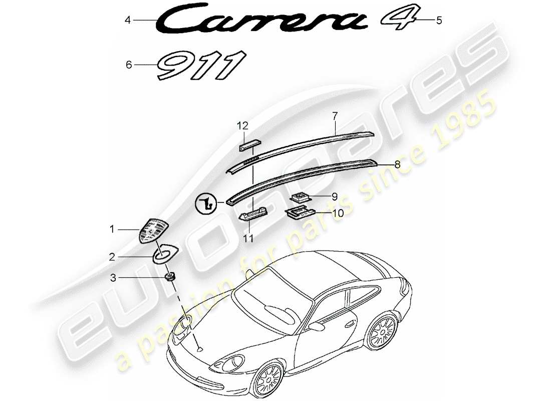 porsche 996 (2002) nameplates - moldings part diagram