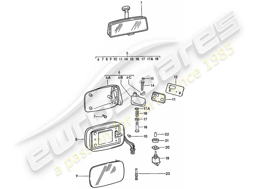 porsche 911 (1986) rear view mirror inner - rear view mirror part diagram