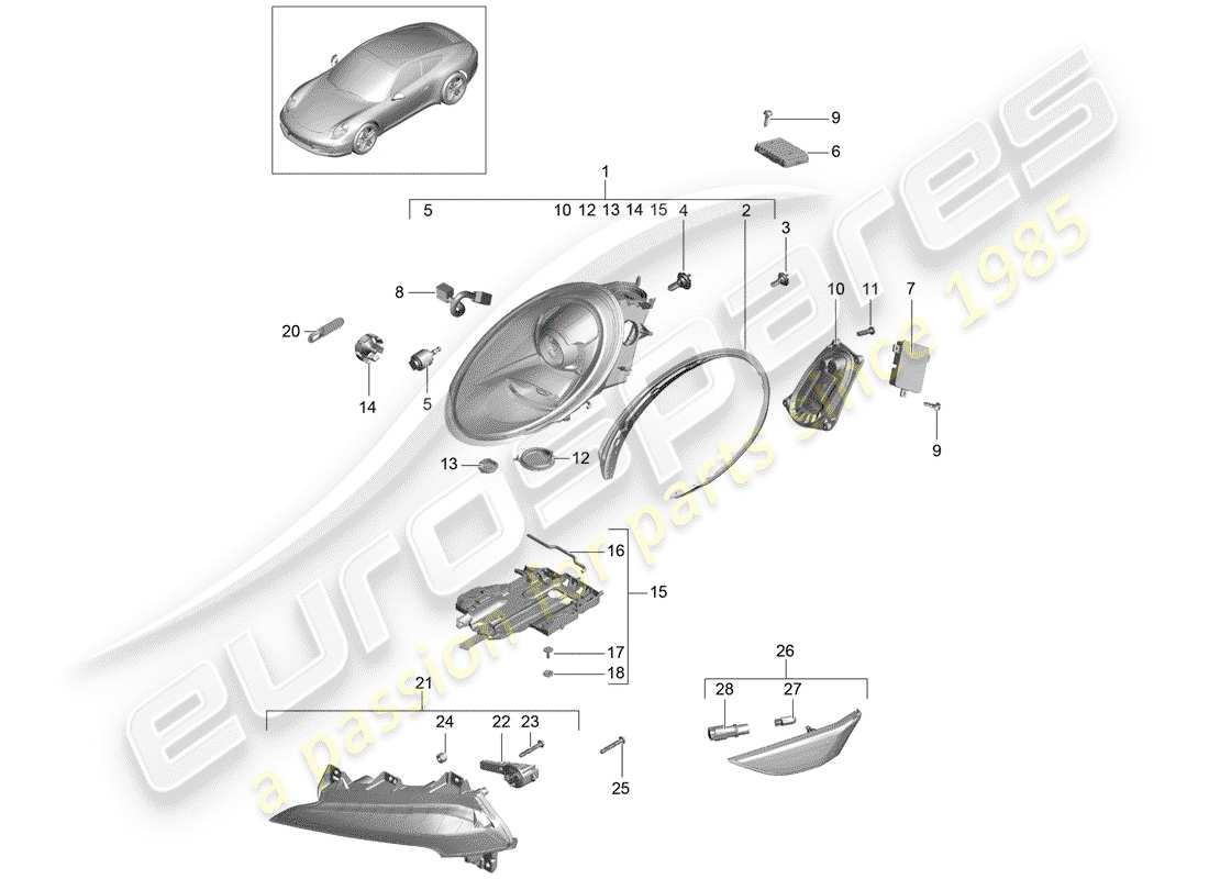 porsche 991 (2016) headlamp part diagram