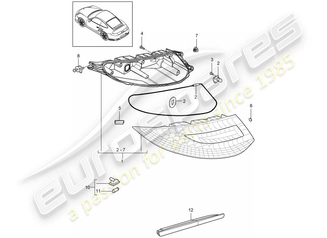 porsche 911 t/gt2rs (2011) rear light part diagram