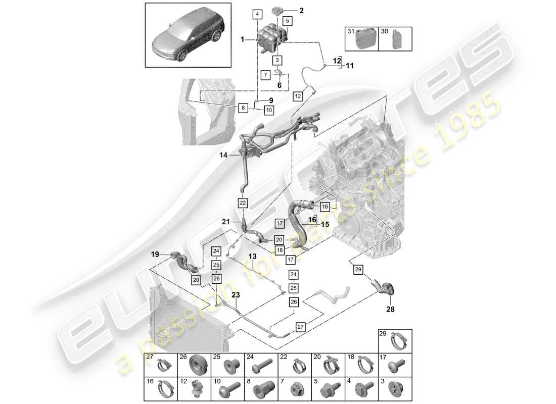 porsche cayenne e3 (2020) water cooling part diagram