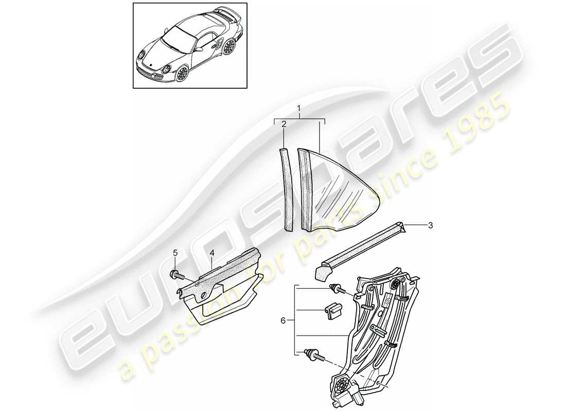 porsche 911 t/gt2rs (2011) side window part diagram