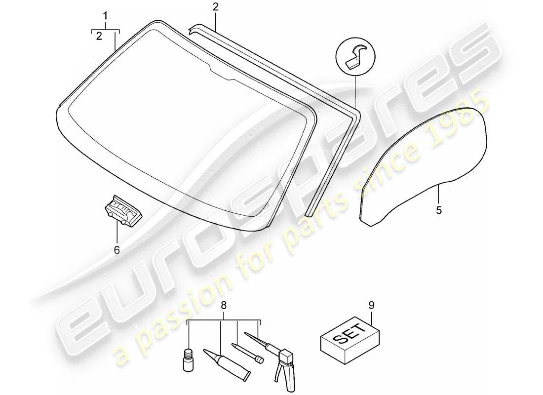 porsche boxster 987 (2005) window glazing part diagram