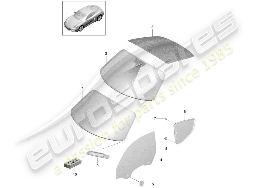 porsche cayman 981 (2014) window glazing part diagram