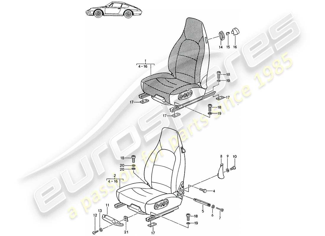 porsche seat 944/968/911/928 (1987) front seat - - comfort seat - all-electric - complete - d - mj 1994>> - mj 1998 part diagram