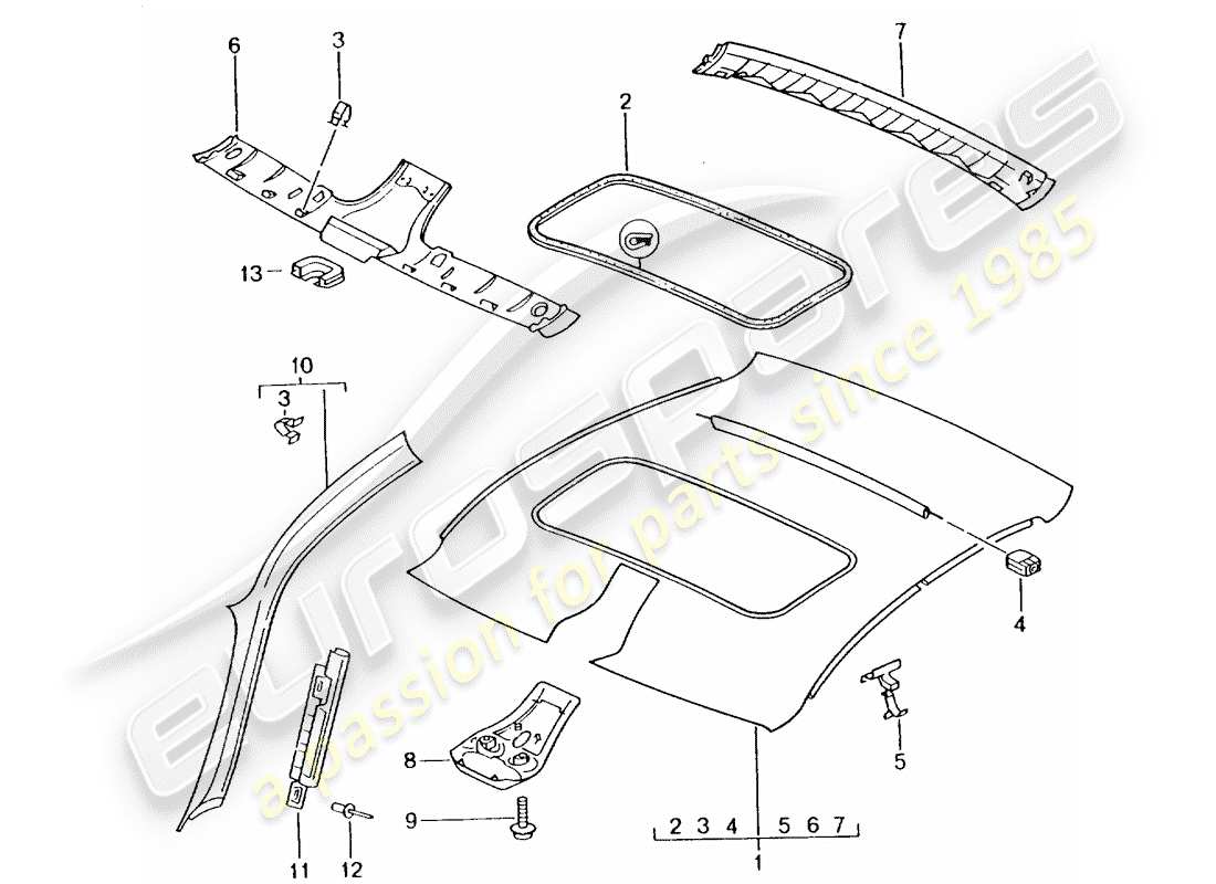 porsche 996 t/gt2 (2002) roof trim panel part diagram