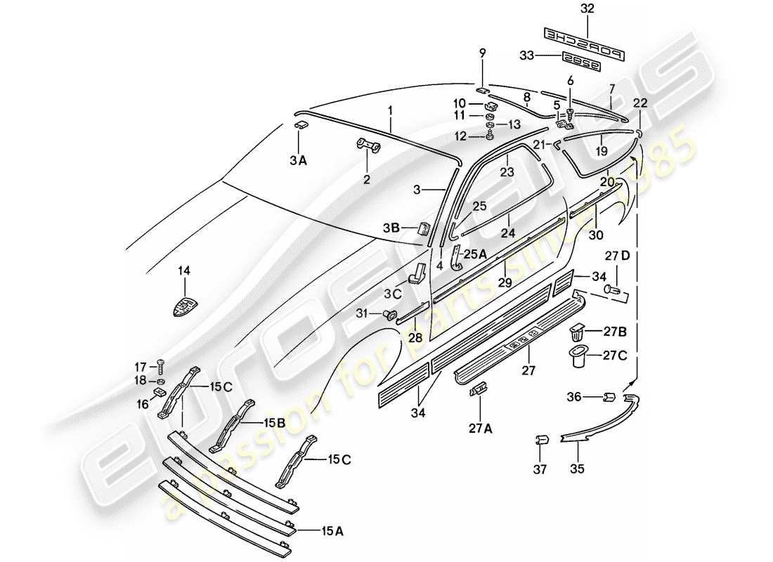 porsche 928 (1979) cover strip - decorative fittings - f >> 92-cs800 354 - f >> 92-cs840 998 - f 92-cs800 355>> - f 92-cs840 999>> - see tpi - gr.8 nr.38 part diagram