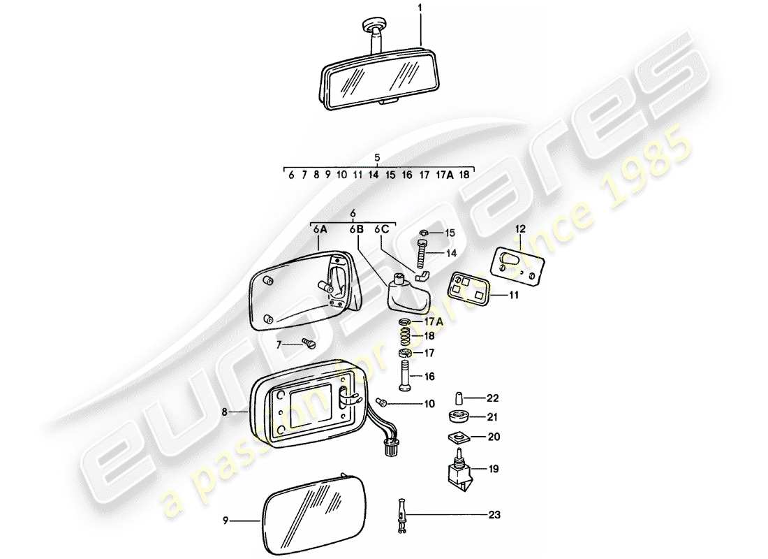 porsche 911 (1979) rear-view mirror - rear view mirror part diagram