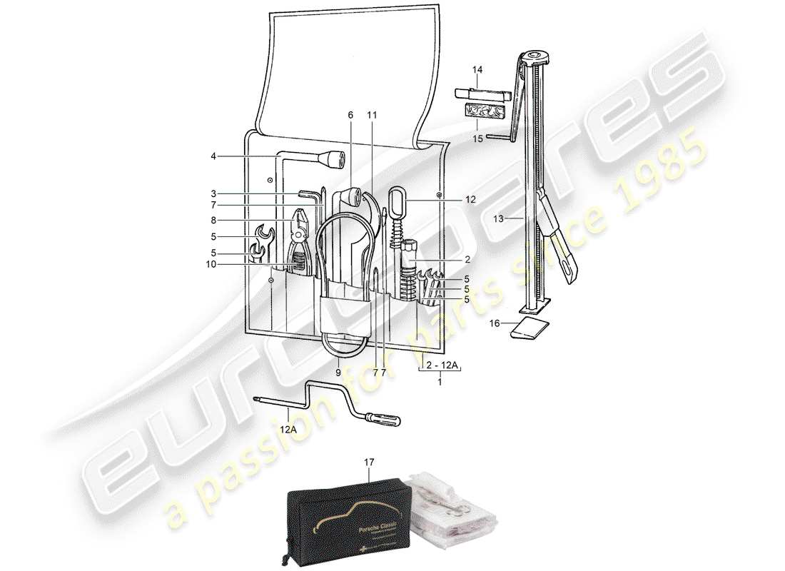 porsche 911 (1988) tool - jack - first aid kit part diagram