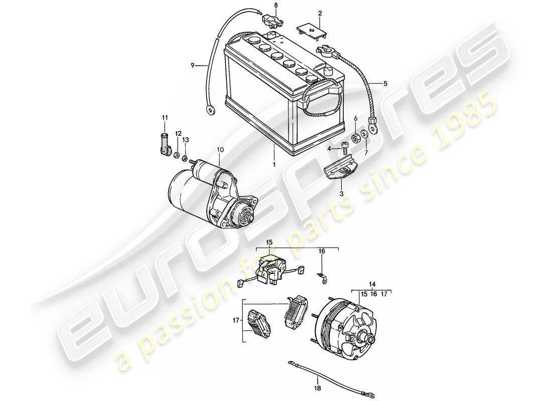 porsche 911 (1987) battery - starter - alternator part diagram