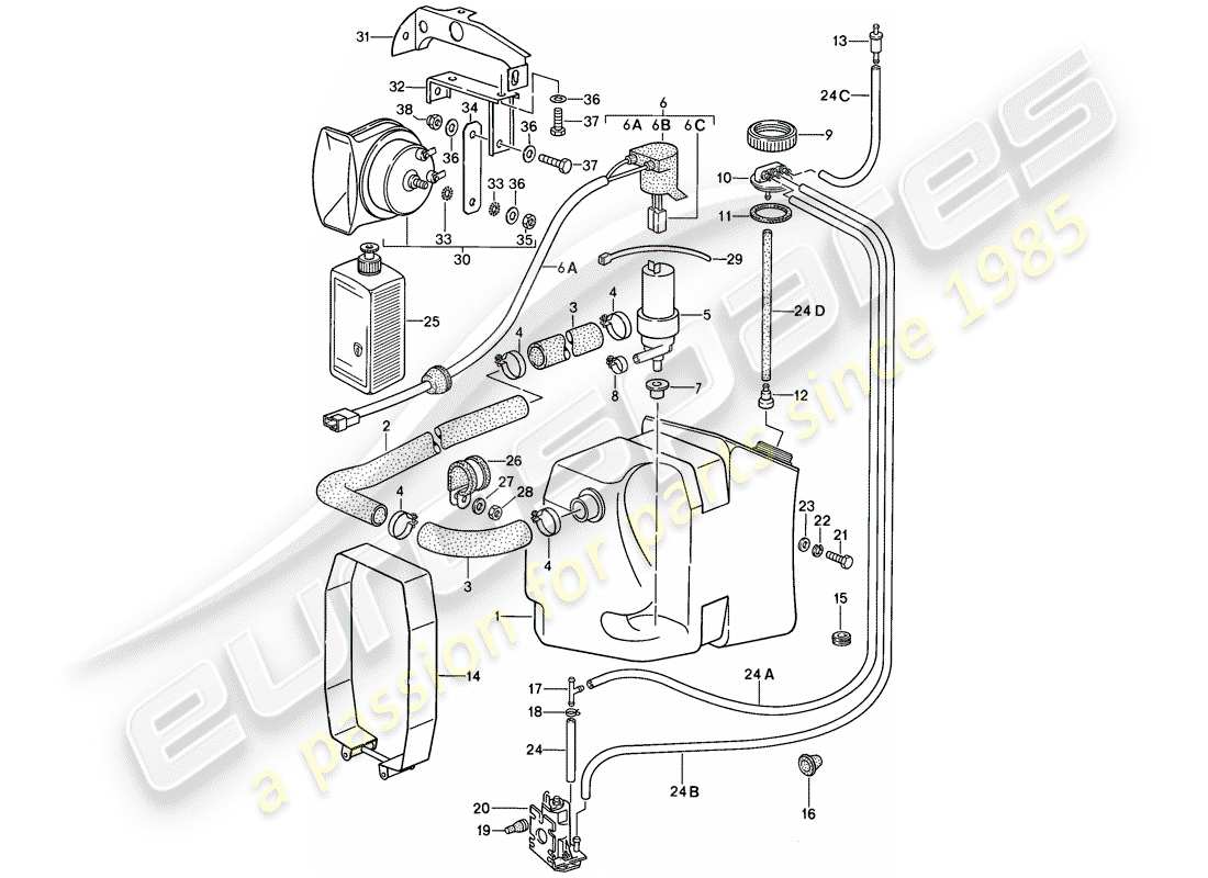 porsche 911 (1987) special model - flatnose design - windshield washer unit - horn part diagram