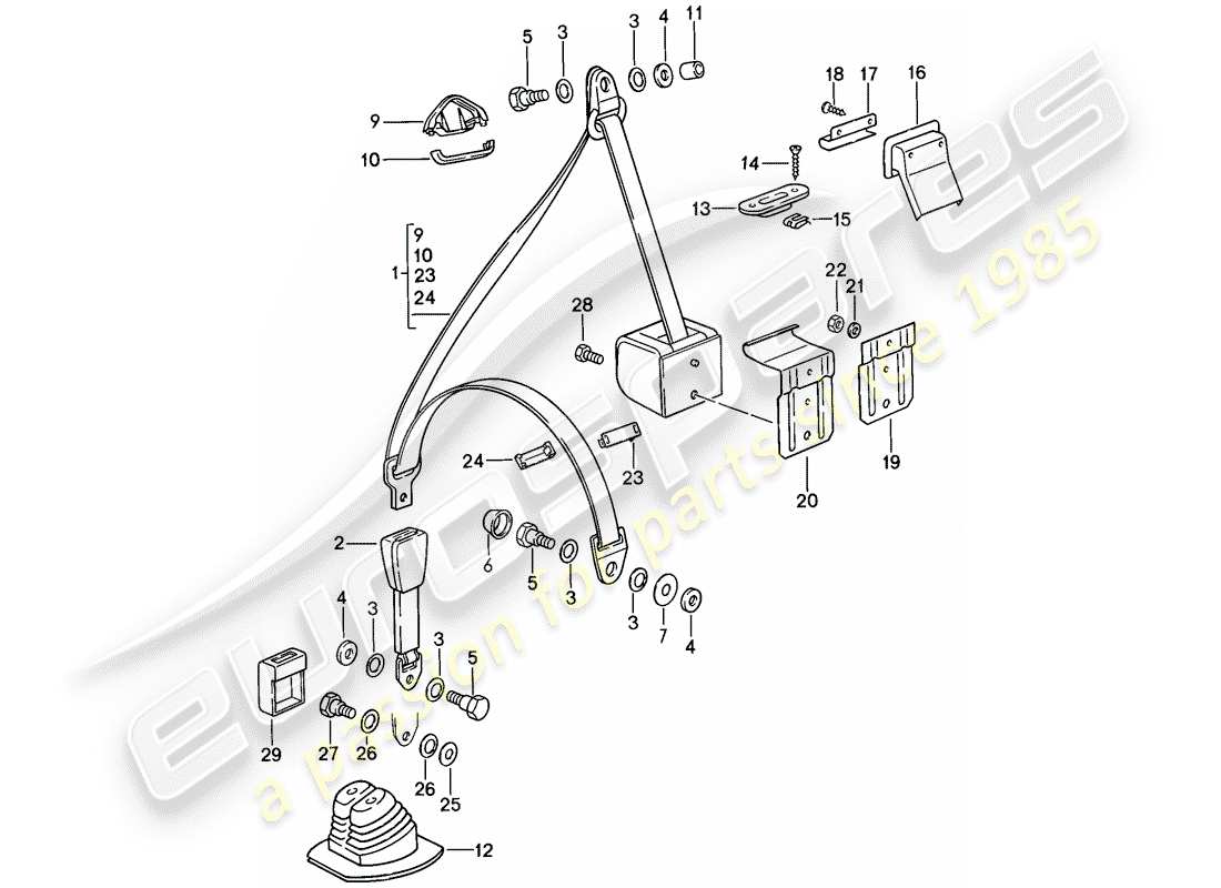 porsche 911 (1986) seat belt part diagram