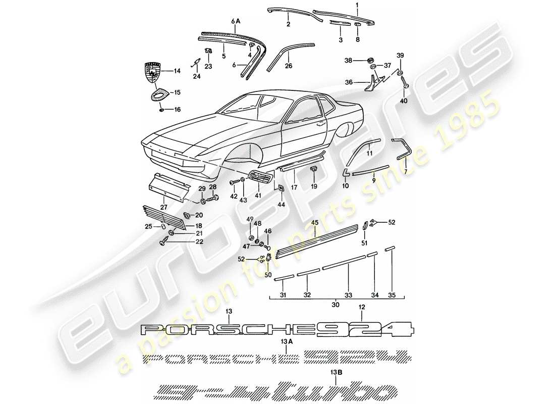 porsche 924 (1977) decorative frame - nameplates part diagram