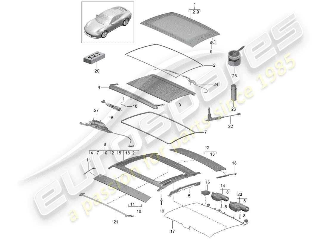 porsche 991 gen. 2 (2018) glass roof part diagram