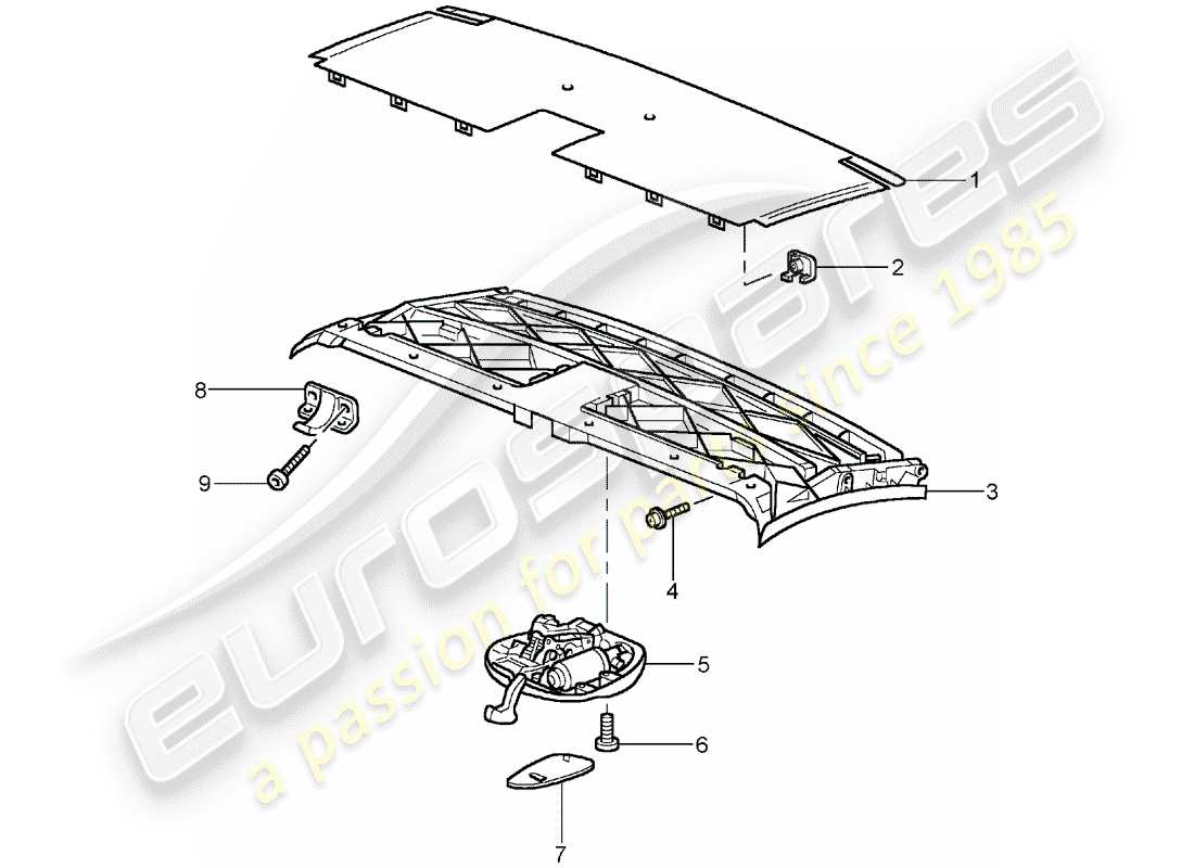 porsche 996 t/gt2 (2001) top frame - roof frame - catch part diagram