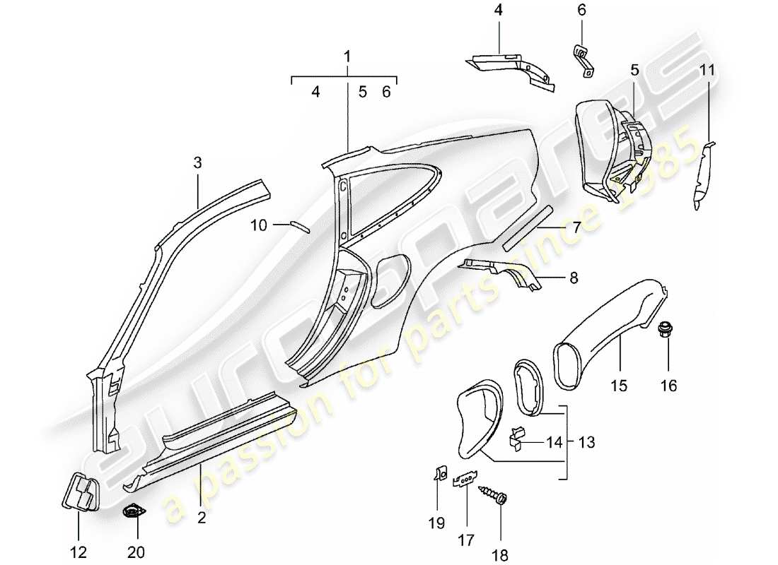 porsche 996 t/gt2 (2002) side panel part diagram