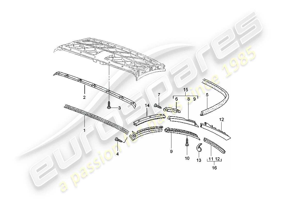 porsche 996 t/gt2 (2001) convertible top - seal strip part diagram