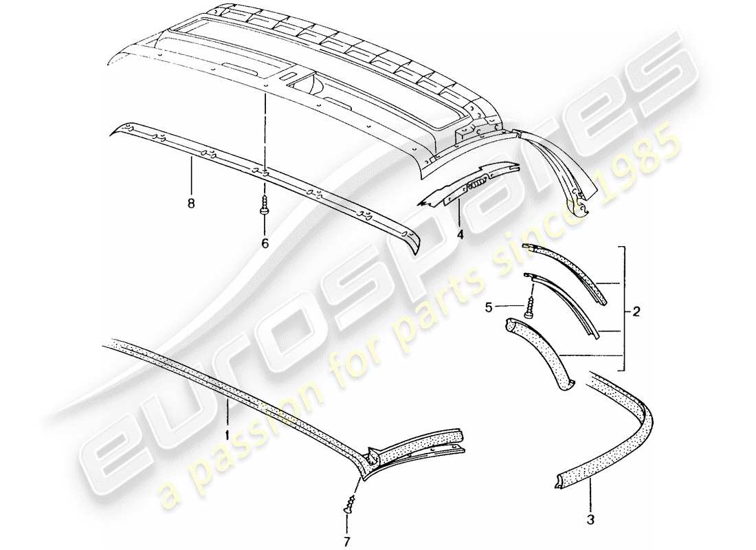 porsche boxster 986 (2001) convertible top - seal strip part diagram