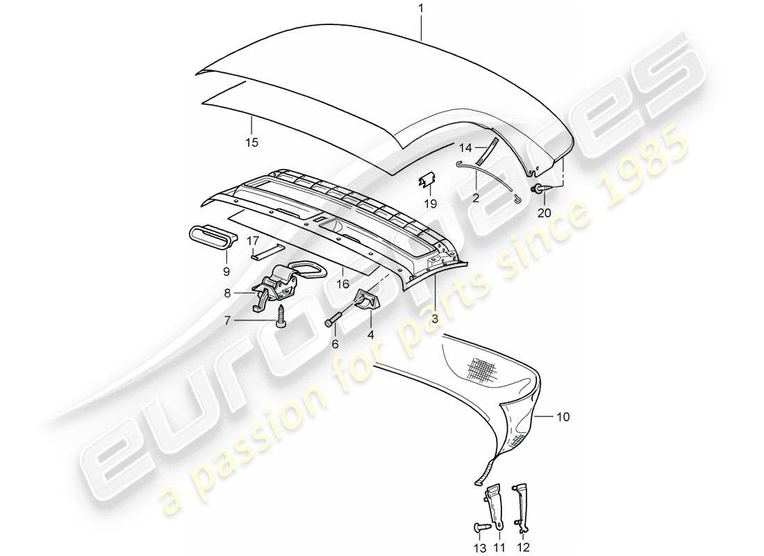 porsche boxster 986 (2001) convertible top covering - headliner part diagram