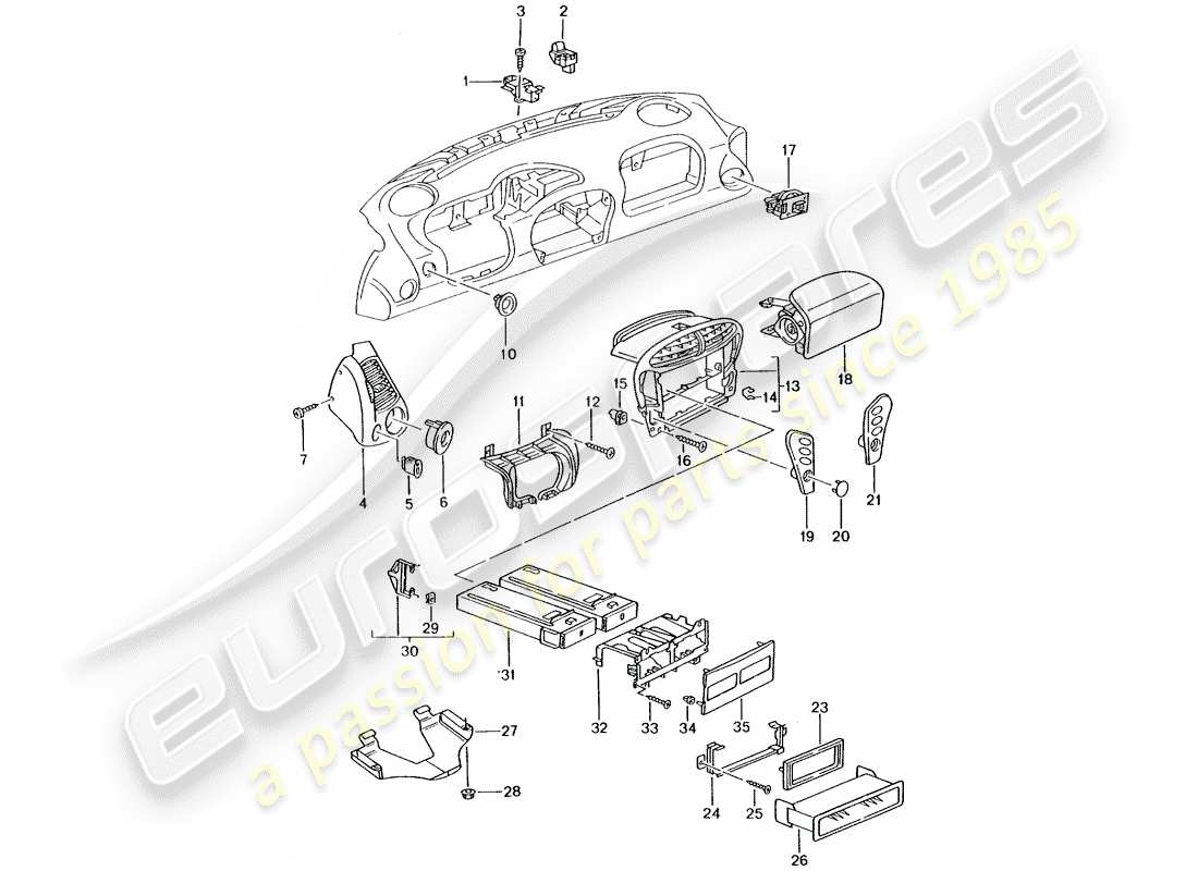 porsche 996 t/gt2 (2002) accessories - dash panel trim part diagram