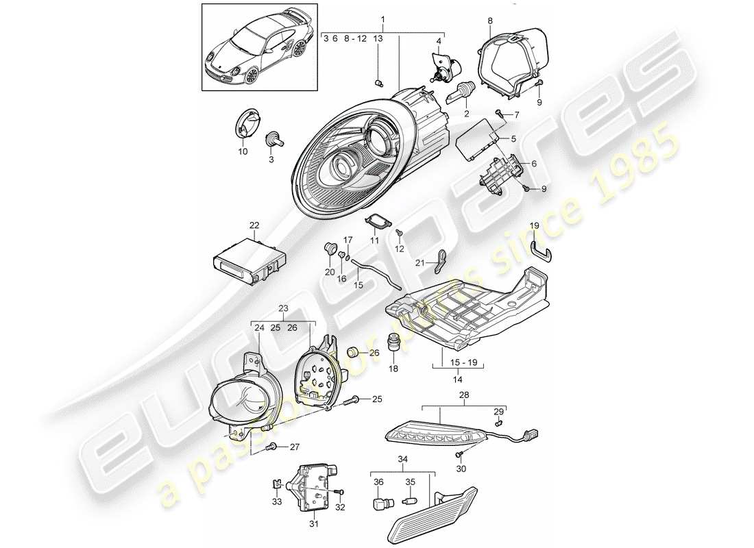 porsche 911 t/gt2rs (2011) headlamp part diagram