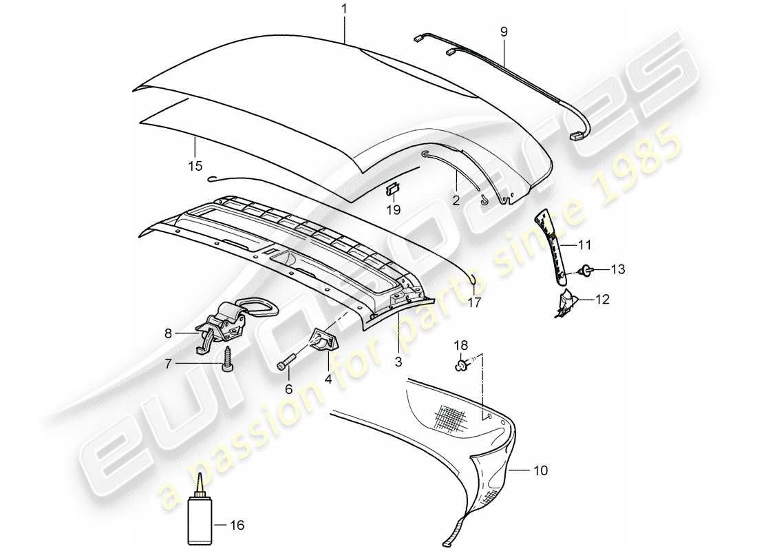 porsche boxster 987 (2005) convertible top covering part diagram