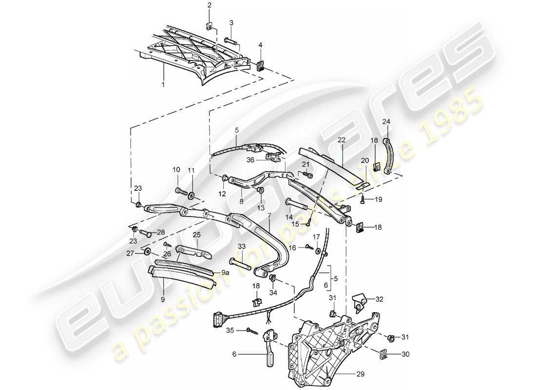 porsche 996 t/gt2 (2002) top frame - single parts part diagram