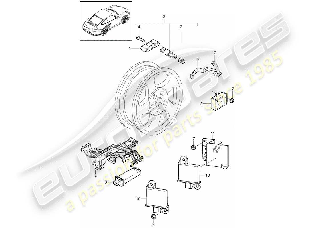 porsche 911 t/gt2rs (2011) tire pressure control system part diagram