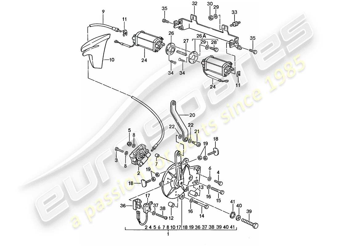 porsche 911 (1988) convertible top - driving mechanism part diagram