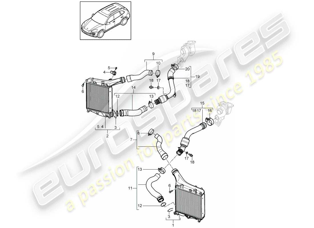 porsche cayenne e2 (2017) charge air cooler part diagram