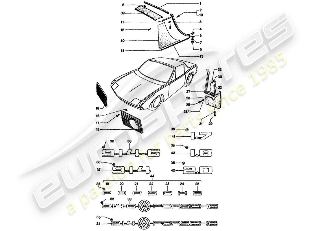 porsche 914 (1971) decorative fittings part diagram