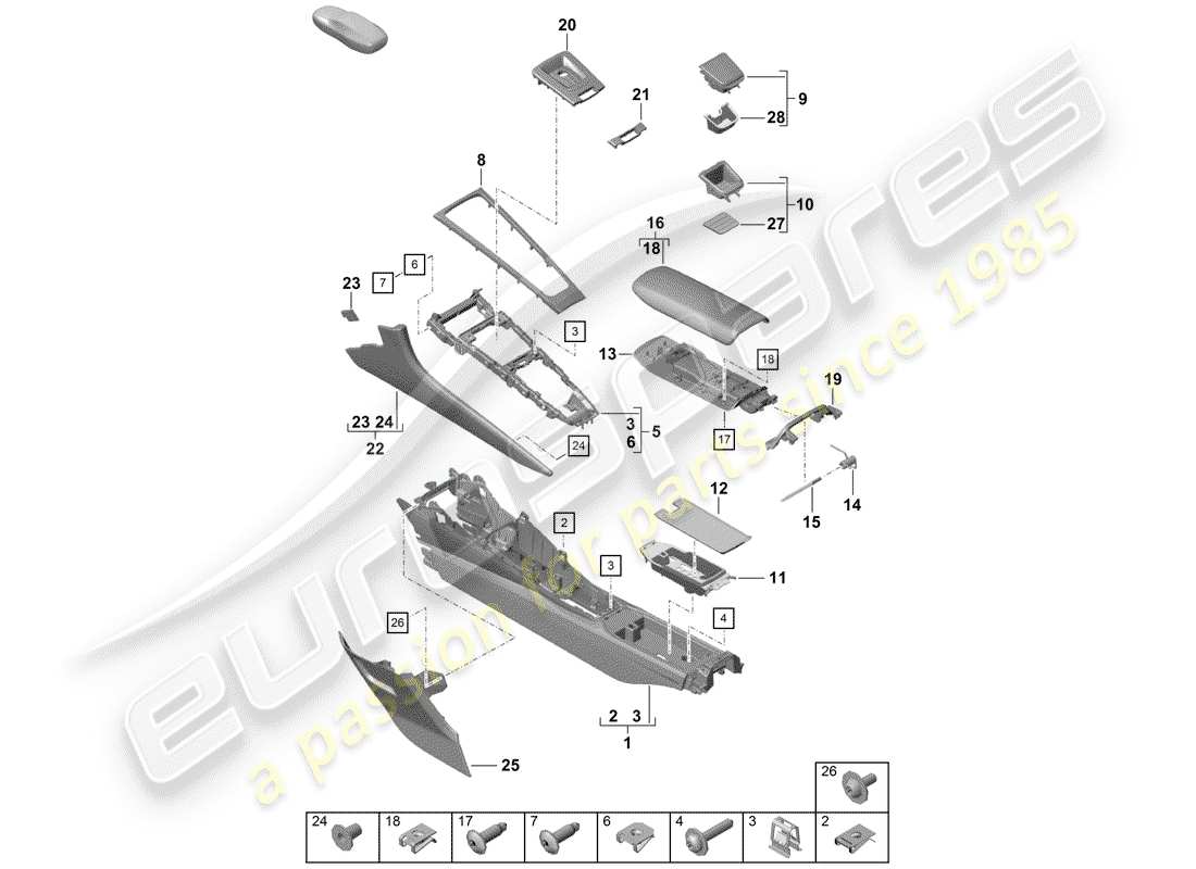 porsche boxster spyder (2019) center console part diagram