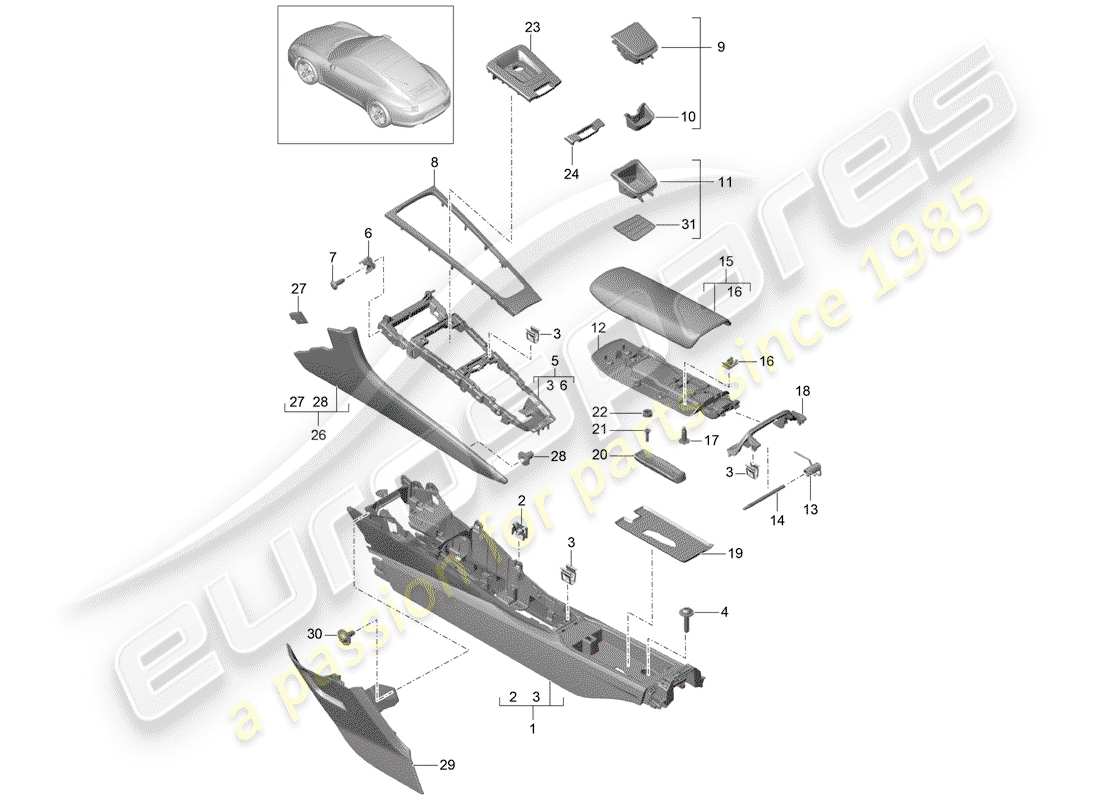 porsche 991 (2013) center console part diagram