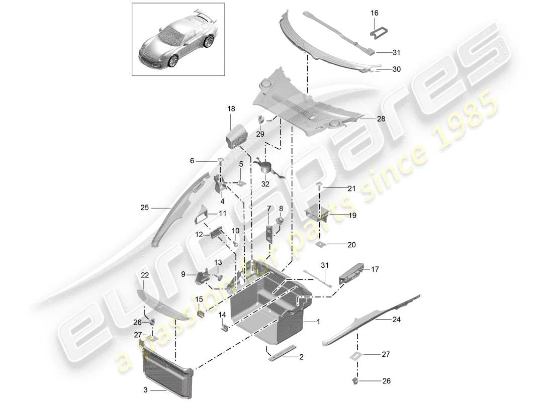 porsche 991r/gt3/rs (2019) boot lining part diagram