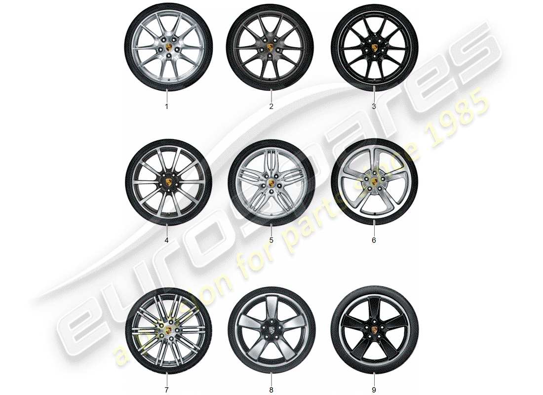 porsche tequipment 98x/99x (2020) 1 set aluminium rims with part diagram