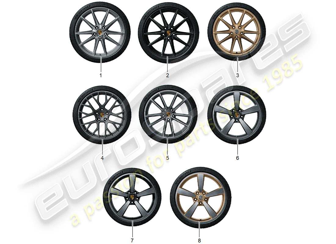 porsche tequipment 98x/99x (2020) 1 set aluminium rims with part diagram