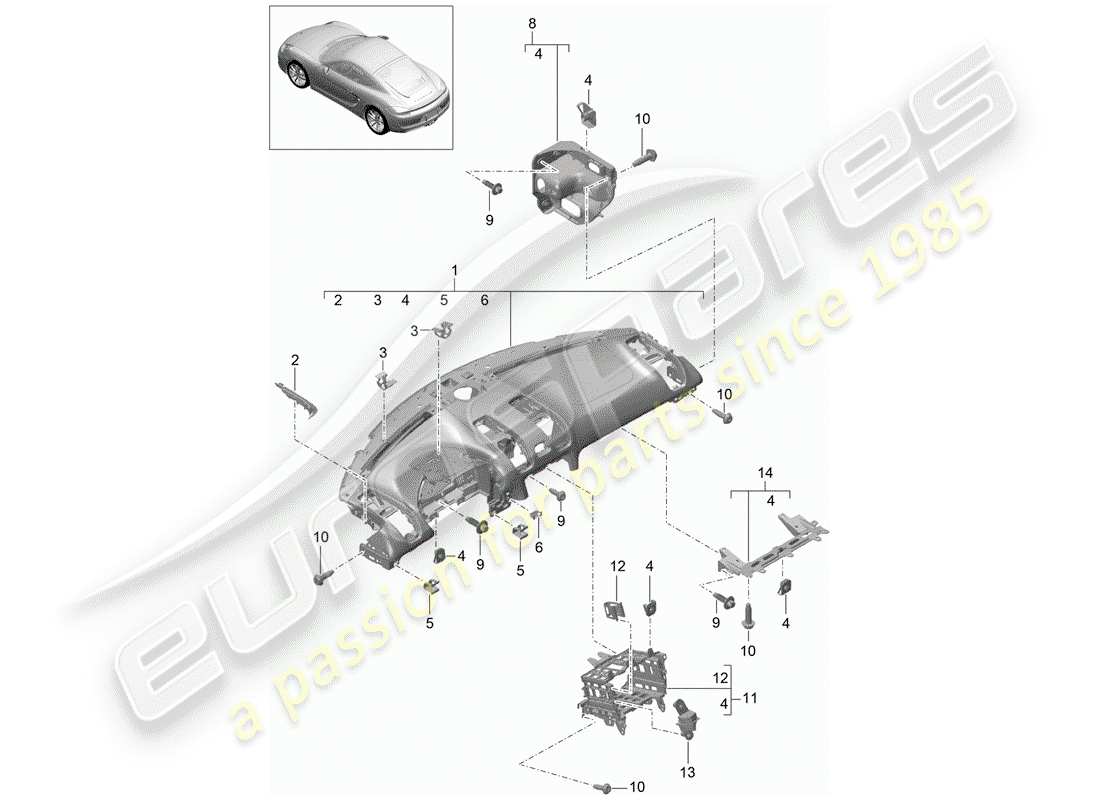 porsche cayman 981 (2015) dash panel trim part diagram