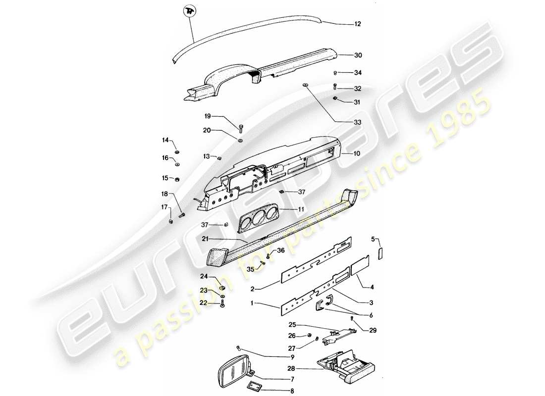 porsche 914 (1972) dashboard - rear view mirror part diagram