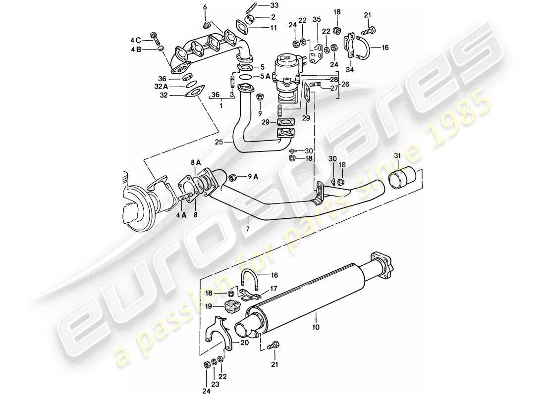 porsche 924 (1978) exhaust system - exhaust silencer, front part diagram