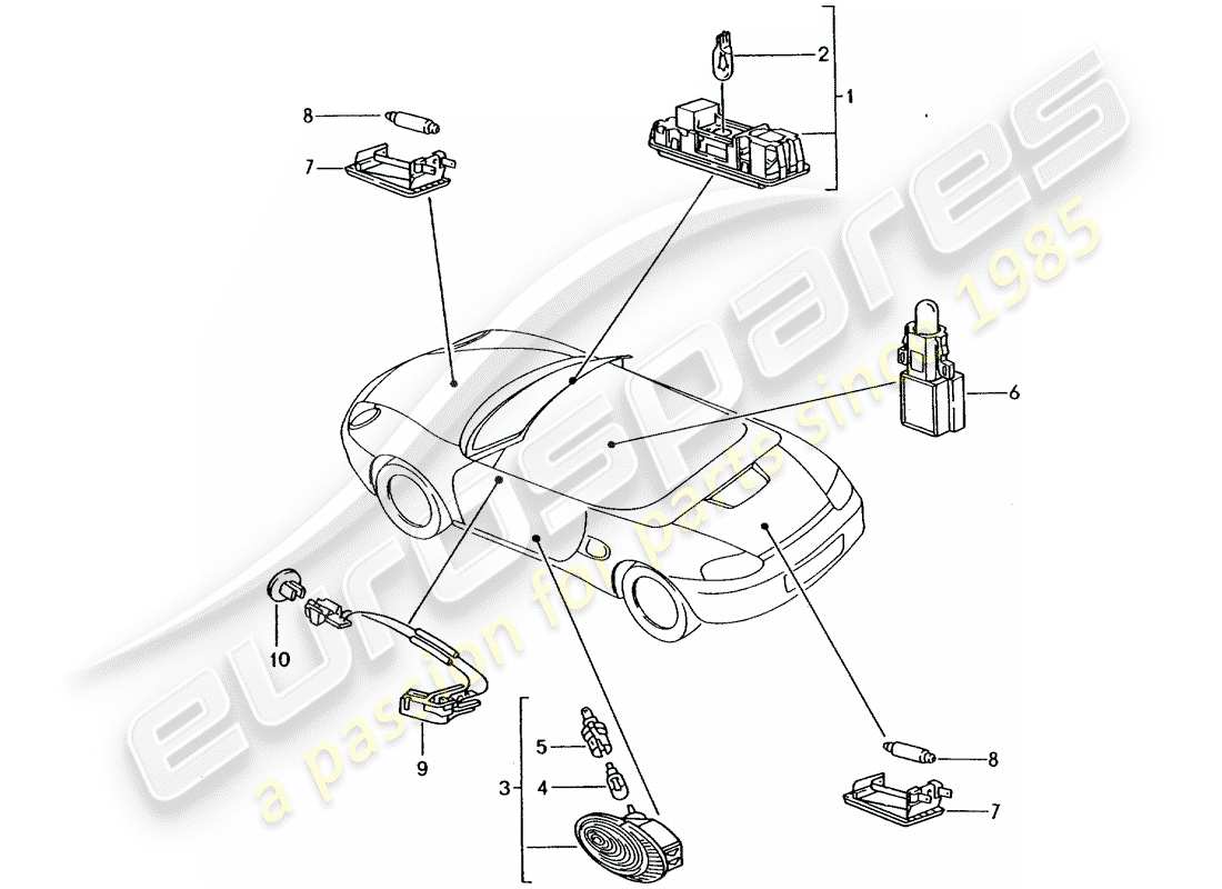 porsche boxster 986 (2001) interior light - luggage compartment lamp - engine compartment light - footwell light - door handle ilumination - interior release part diagram