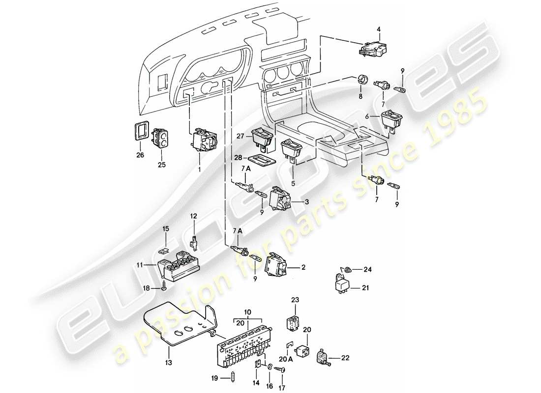 porsche 944 (1983) switch - fuse box - relay part diagram