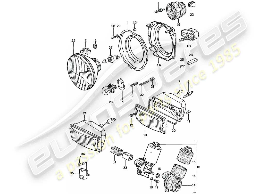 porsche 924s (1988) headlamp - electric motor - pop-up headlight part diagram