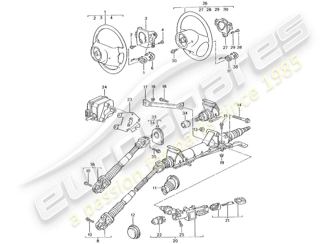 porsche boxster 986 (2001) steering protective pipe - intermediate steering shaft - steering wheel part diagram