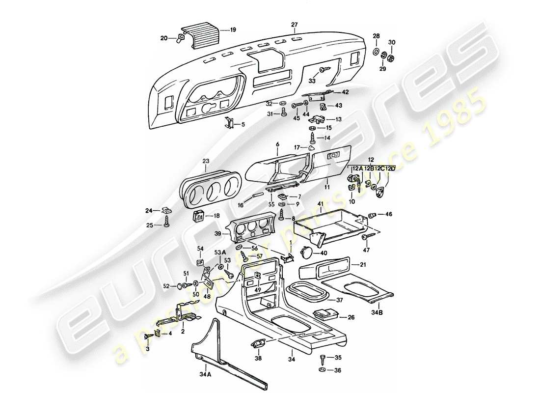 porsche 924s (1988) dashboard - center console part diagram